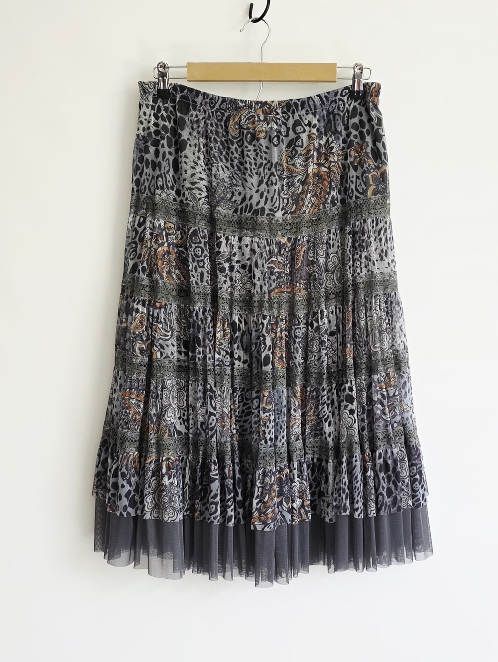 Lapis Sheer Tiered Animal Paisley Print Elastic Waist Pull On Skirt Women Size L